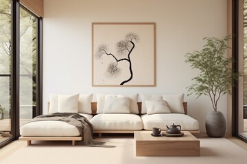 Modern Living Room, Corner Sofa near Grid Window, Beige Wall with Big Art Poster Frame in Minimalist Japandi Home Interior Design
