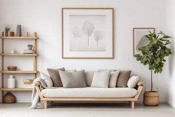 Modern Living Room in Farmhouse, Cozy Sofa Against Wall with Poster Frame, Shelving Unit, Scandinavian Home Interior Design