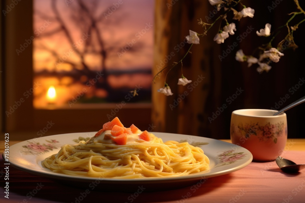 Poster a close up of a plate of food on a table with a cup of coffee and a window in the background.