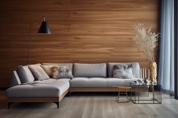 Modern Living Room, Beige Corner Sofa, Wooden Paneling Wall, Minimalist Interior Design