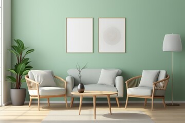 Modern Living Room, Ellipse Table, Chairs, Mint Sofa, Light Green Wall, Art Frame Poster