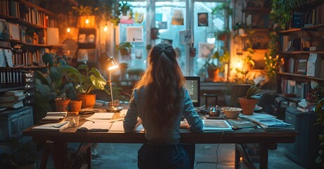 woman seated at dark desk working at computer. person in restaurant - obrazy, fototapety, plakaty