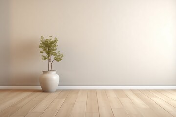 Empty Room Interior Background, Beige Wall, Plant Pot, Wooden Flooring, Neutral Space for Design