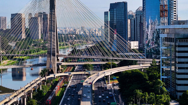 Cable Stayed Bridge At Downtown In Sao Paulo Brazil. Sao Paulo Brazil Bridge. Traffic Road. Sao Paulo Brazil. City Life Landscape. Cable Stayed Bridge At Downtown In Sao Paulo Brazil.