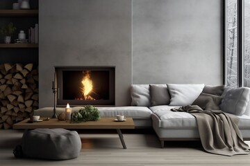 Modern Living Room, Grey Sofa Near Window, Against Fireplace, Scandinavian Home Interior Design