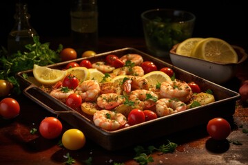  a pan filled with shrimp, tomatoes, lemons and parsley next to a bowl of tomatoes and lemon wedges.