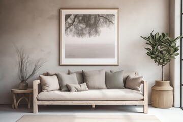 Modern Living Room, Grey Sofa, Beige Stucco Wall, Big Poster Frame, Boho, Rustic Interior Design