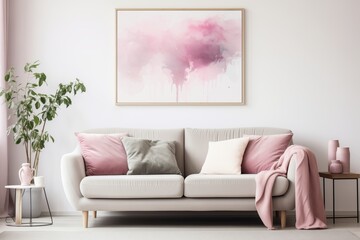 Modern Living Room, Grey Sofa with Pink Pillows and Blanket, White Wall with Abstract Art Poster