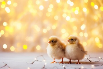  a couple of small chickens standing next to each other on top of a snow covered ground with lights in the background.