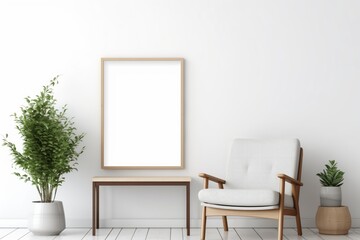 Modern Living Room, Home Workplace, Wooden Chair, Desk Near White Wall, Blank Mockup Poster Frame, Interior Design