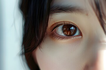woman shows her asian eyes during the day. womans eye is shown in a close up. beautiful woman with colorful eyes