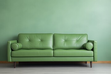 Light Green Leather Sofa, Wall Background with Copy Space, Minimalist Living Room Interior