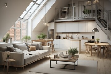 Minimalist studio apartment, scandinavian loft home interior design of modern living room with kitchen.