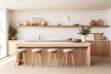 Fototapeta na wymiar Modern scandinavian, minimalist interior design of kitchen with island, dining table and wooden stool.