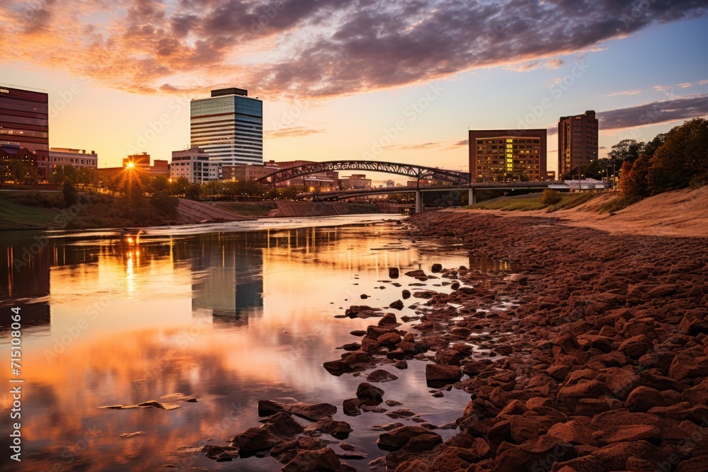 Poster a body of water with rocks in the foreground and a bridge in the background with buildings in the ba