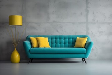 Teal sofa with yellow pillows against concrete wall. Mid-century home interior design of modern living room.