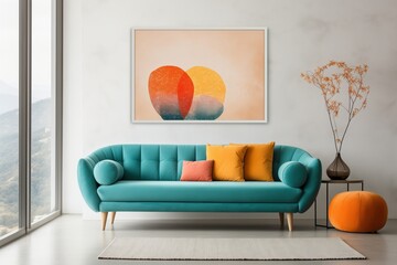 Modern Living Room, Teal Curved Sofa, Orange Pillows, White Wall, Poster, Scandinavian Interior Design