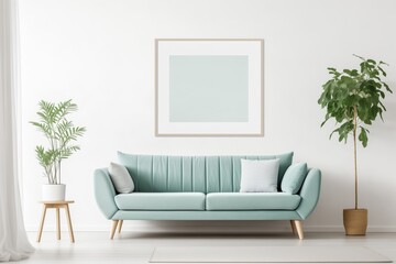 Fototapeta premium Modern Living Room, Teal Sofa, Big Mockup Poster Frame, White Wall, Scandinavian Interior Design