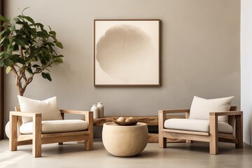 Two beige lounge chairs and round coffee table against wall with frames. Japandi home interior design of modern living room.