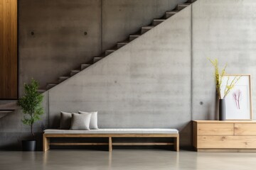  a living room with a white couch and a wooden table with a vase on it and a staircase in the background.