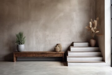  a set of stairs leading up to a potted plant on top of a table next to a wooden bench. - obrazy, fototapety, plakaty