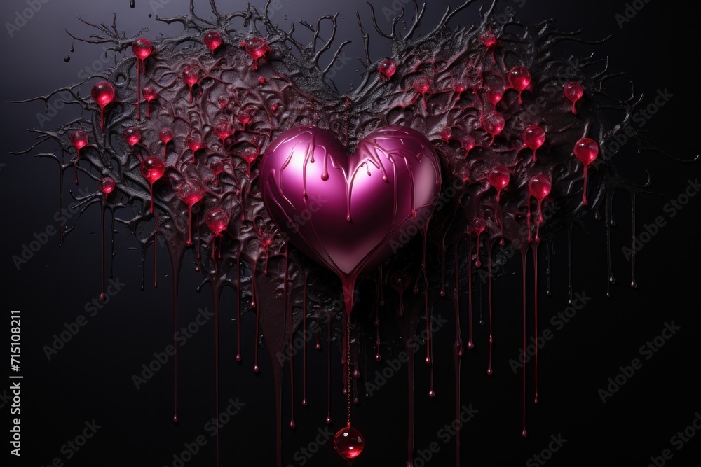 Poster a heart shaped object sitting on top of a black surface with blood dripping down the side of it and 