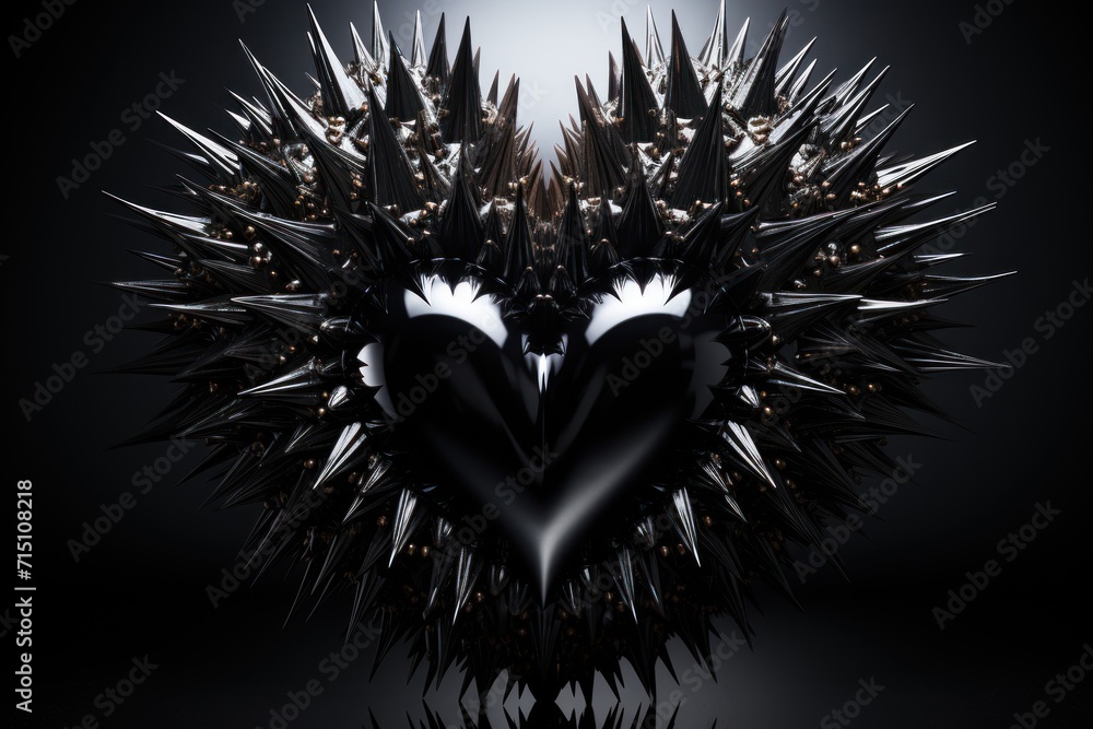 Poster a picture of a heart shaped object with spikes on it's sides and a reflection of the heart in the mi