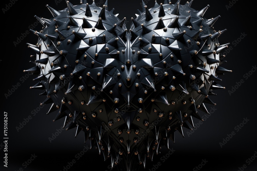 Poster a heart shaped object with spikes and rivets on it's sides and a black background with a black backg