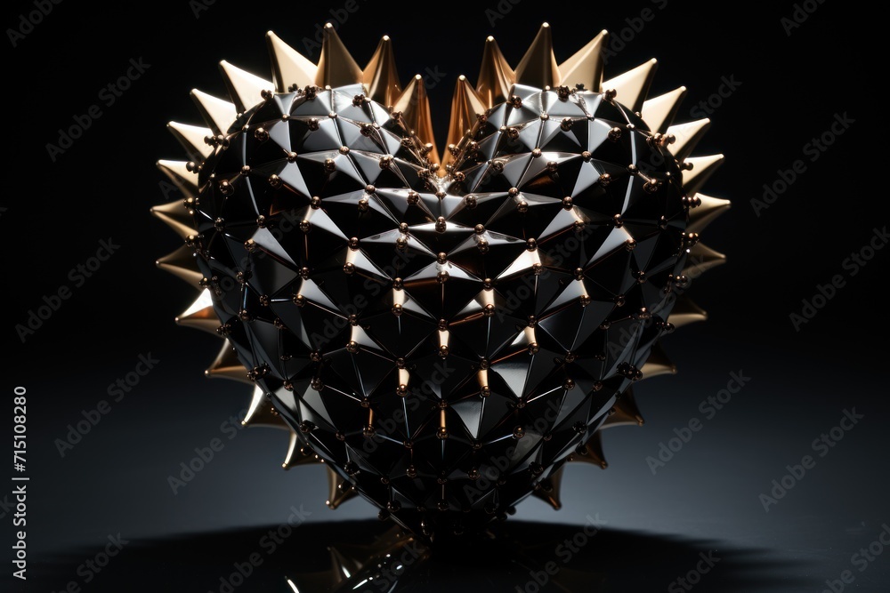 Poster a heart shaped object with spikes on it's sides and a black background with a reflection on the floo