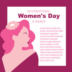 March 8, International Women's Day. Vector illustration of women in flat design, pink card for women