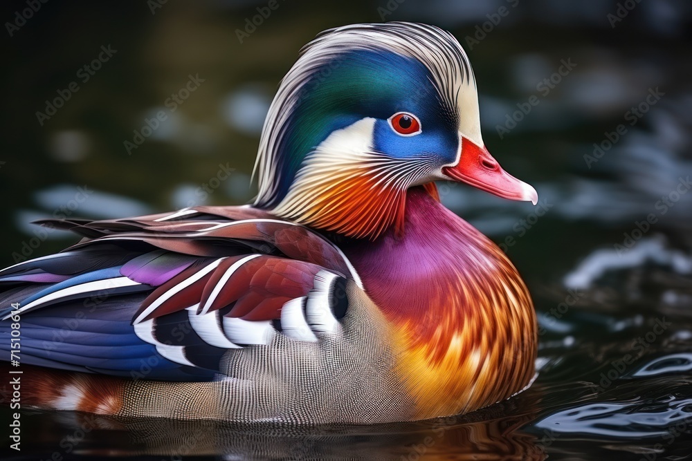 Poster  a colorfully colored duck floating on top of a body of water next to a forest filled with lots of trees.