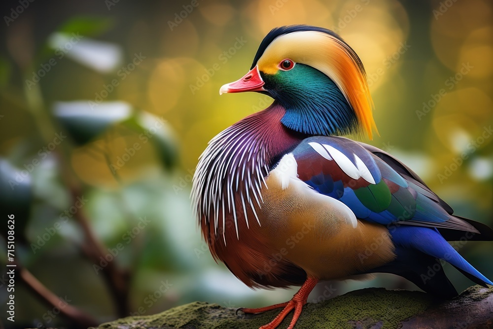 Aufkleber a colorful bird sitting on top of a tree branch in front of a green leafy tree branch with a blurry 