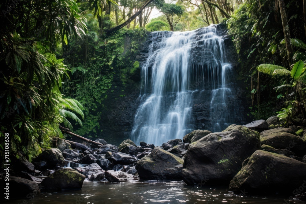 Poster a waterfall in the middle of a jungle with rocks in the foreground and trees on the other side of th