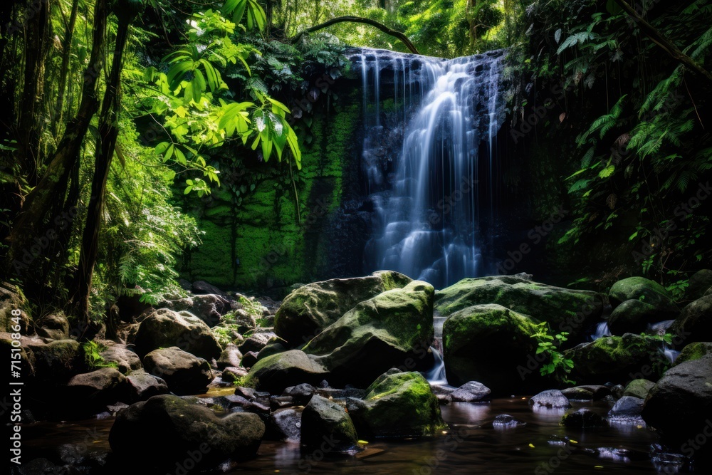 Aufkleber a waterfall in the middle of a jungle with rocks in the foreground and a bridge in the middle of the