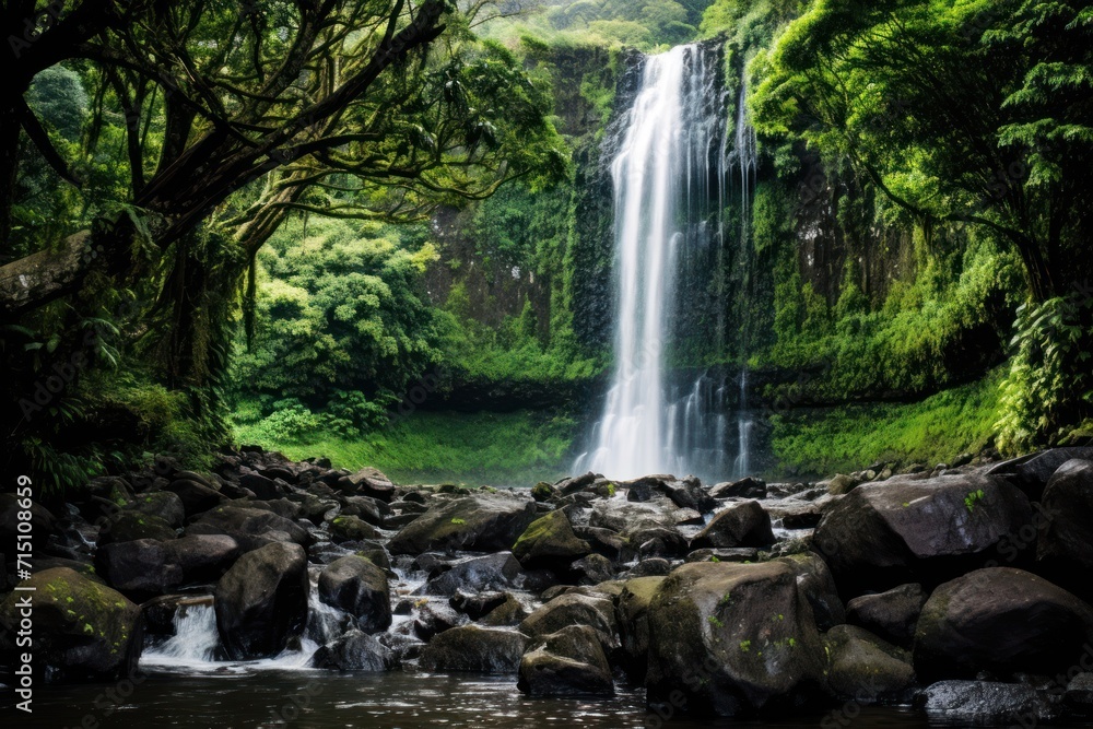Aufkleber a waterfall in the middle of a forest with rocks in the foreground and trees on the other side of th
