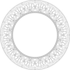 Folk floral motifs round frame. Black on transparent element. Use for copy space, invitations,greeting card, coloring page, embroidery template
