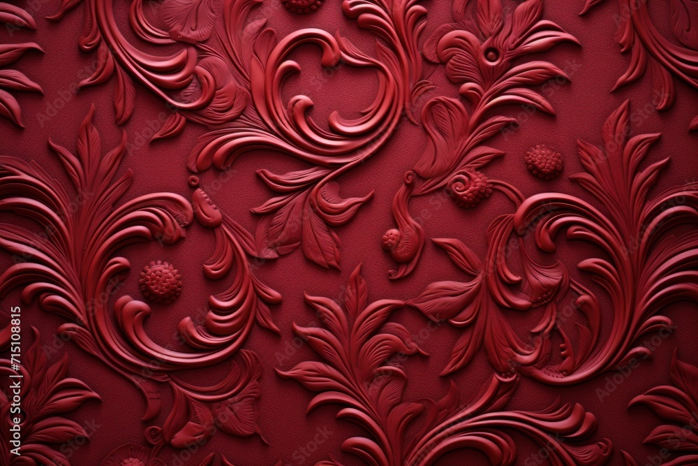 Poster a close up of a red wallpaper with a floral design on the bottom and bottom of the wall and the bott