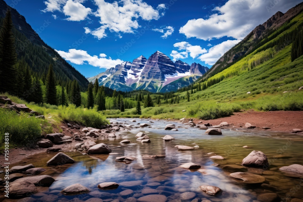 Aufkleber a stream running through a lush green forest filled with rocks and a mountain in the distance with c