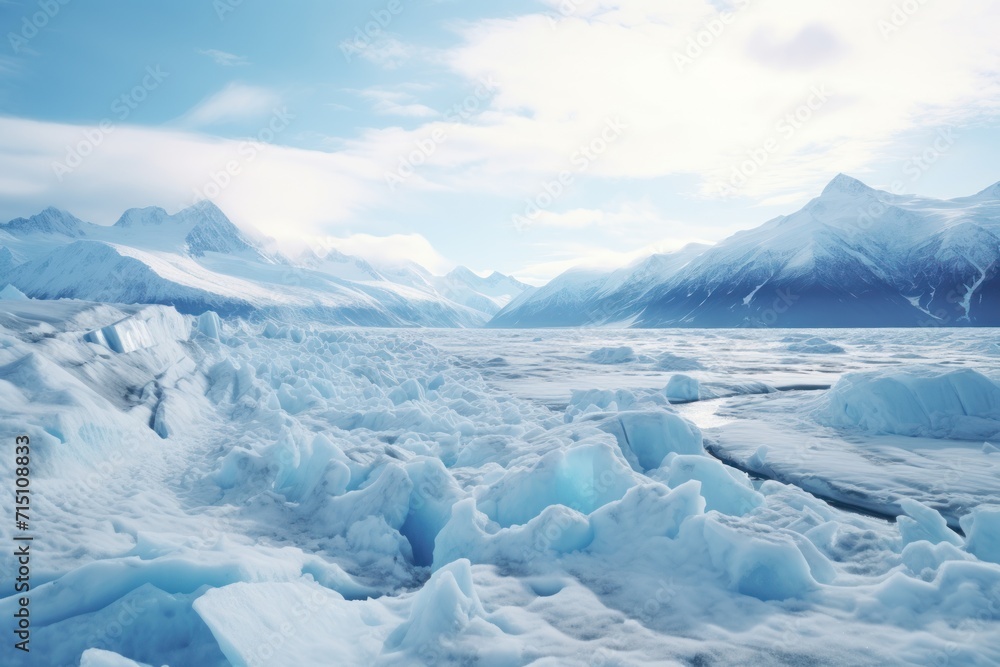 Poster a large amount of ice floating on top of a body of water with mountains in the background and clouds