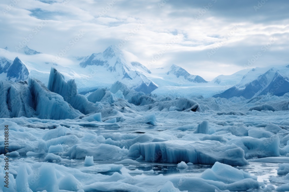 Aufkleber a group of icebergs floating on top of a lake in front of a mountain covered in snow under a cloudy 