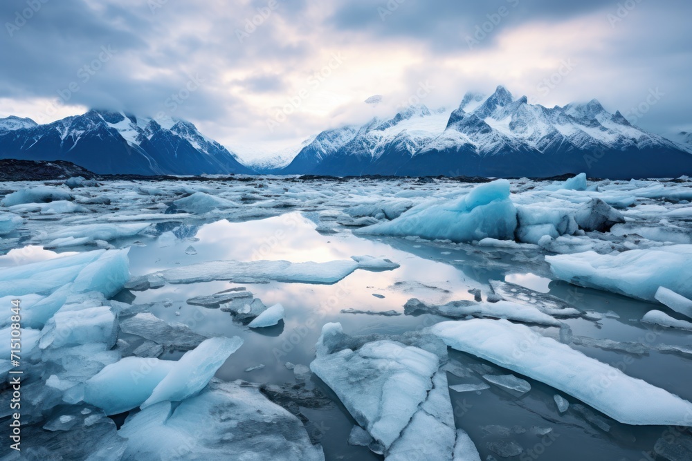 Poster a group of icebergs floating on top of a lake surrounded by snow covered mountains under a cloudy sk