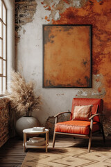 Poster Frame with Copy Space, Pastel Dried Flowers in Vase , Rustic Chair and Stained Wall