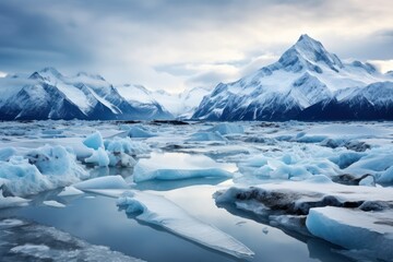  a group of icebergs floating on top of a body of water next to snow covered mountains in the distance.