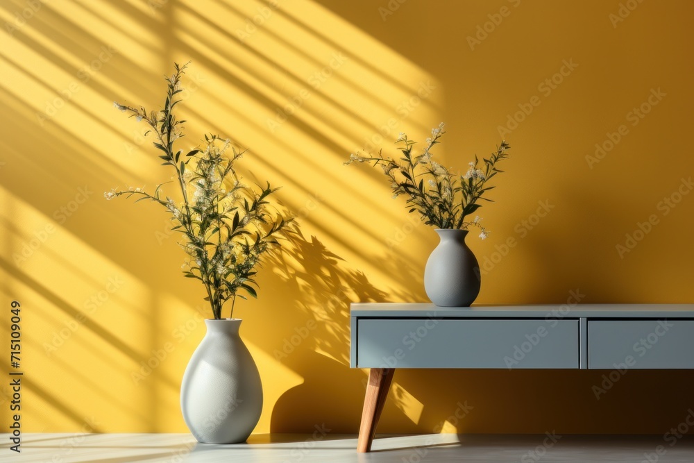Poster a couple of vases sitting on top of a table next to a wall with a shadow cast on it.