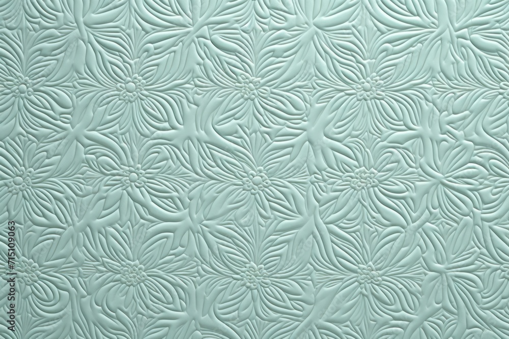Poster a close up view of a quilted surface with a pattern of flowers and leaves on the side of it.