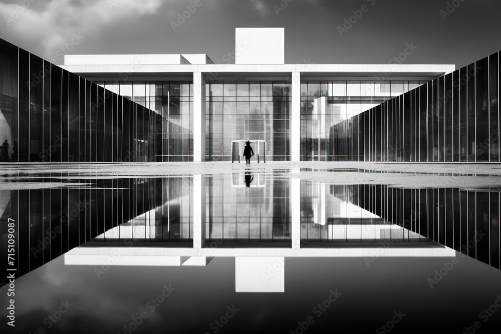 Poster a black and white photo of a person standing in front of a building with a reflection of the buildin