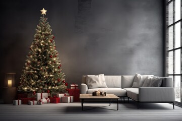  a living room with a christmas tree in the corner of the room and presents on the floor next to the couch.