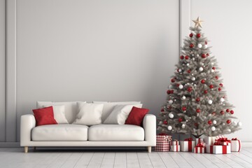  a living room with a white couch and a christmas tree with red and white pillows and presents on the floor.