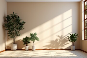  a room with three potted plants on the floor and a window on the side of the room with the sun shining through the window.