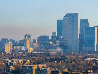 Aerial view of the Canary Wharf business district in London. Panoramia of the skyscrapers in London.